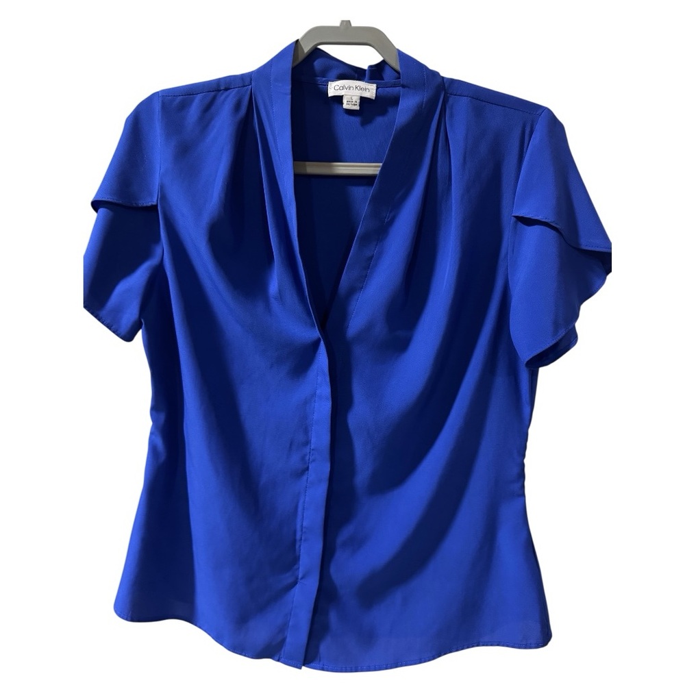 Calvin Klein Blue Buttoned Ruffled Blouse